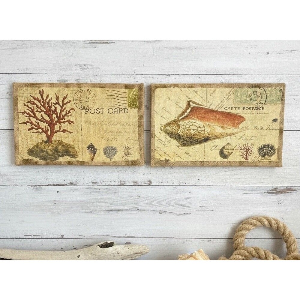 Heather Myers Coastal Burlap Wall Art Coral Shell Postcard Framed Set 10 x 6